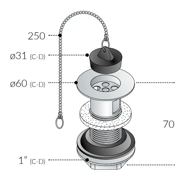 Piletta Universale Lavabo/Bidet con Troppo Pieno in Ottone Cromato con Tappo con Catena
