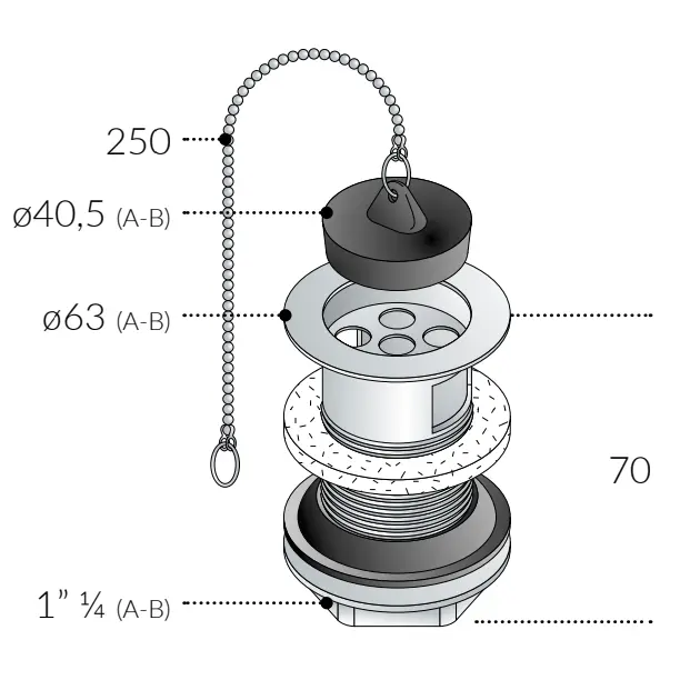 Piletta Universale Lavabo/Bidet con Troppo Pieno in Ottone Cromato con Tappo con Catena
