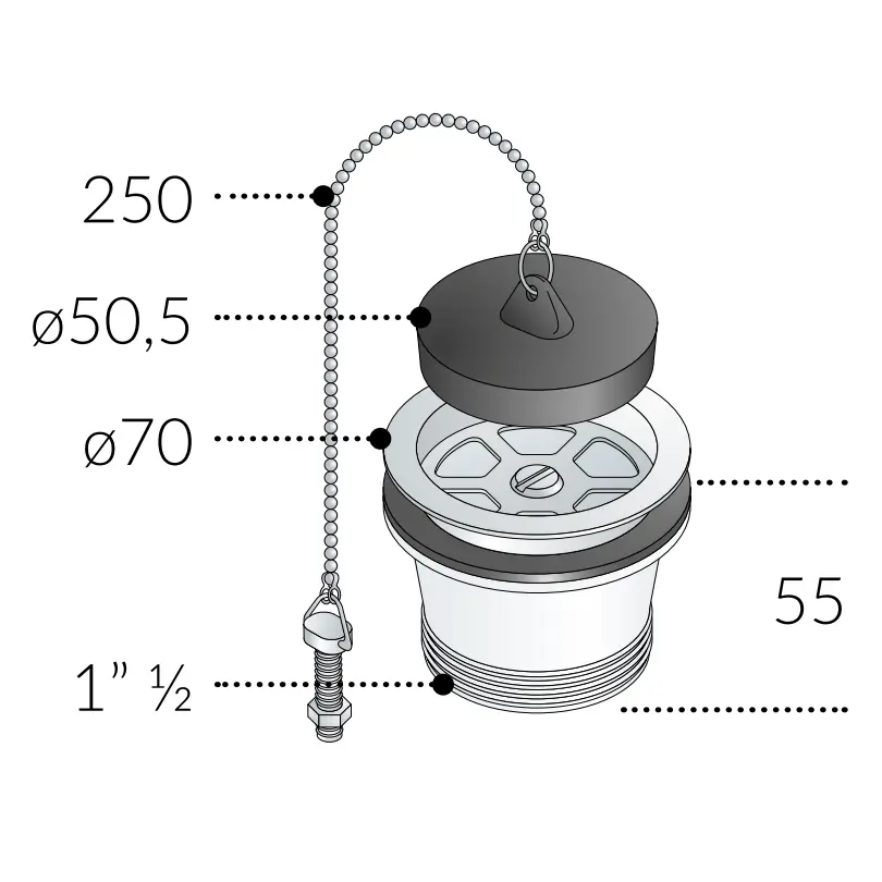 Piletta per Lavello in PP Senza Troppo Pieno con Tappo e Catena
