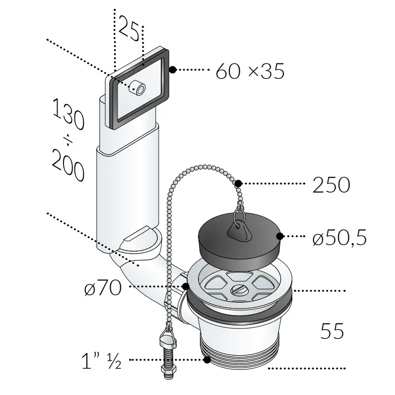 Piletta per Lavello in PP Con Troppo Pieno con Tappo e Catena Foro Ø70
