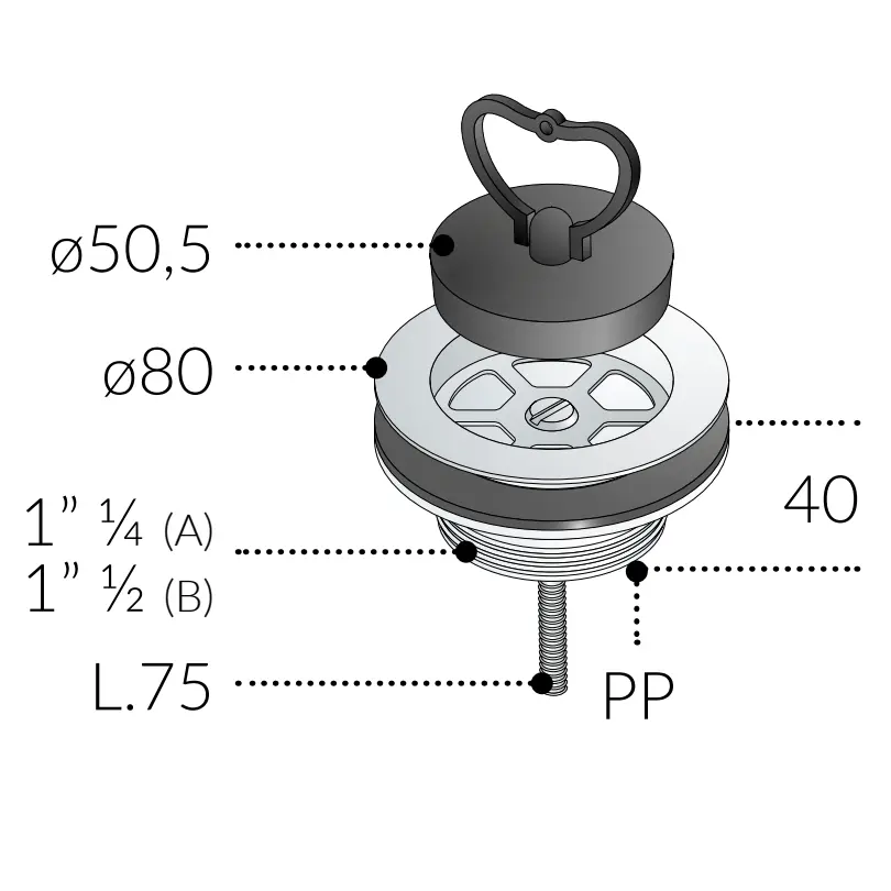 Piletta in PP con Flangia Inox Ø80 con Tappo (1"1/4)