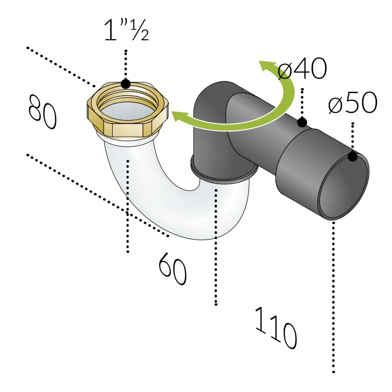 Sifone per Vasca Ø1"1/2x40 in PEHD Orientabile con Ghiera in Ottone