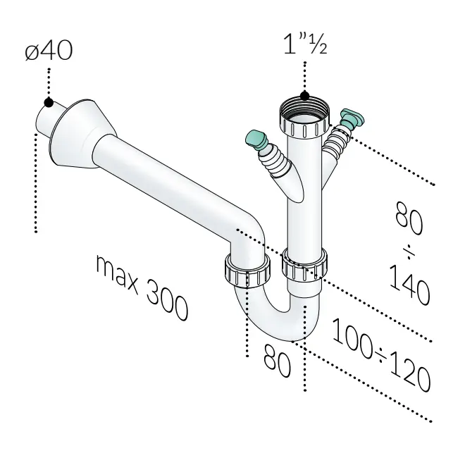 Sifone 1 Via 2 Attacchi Lavatrice in PP Bianco