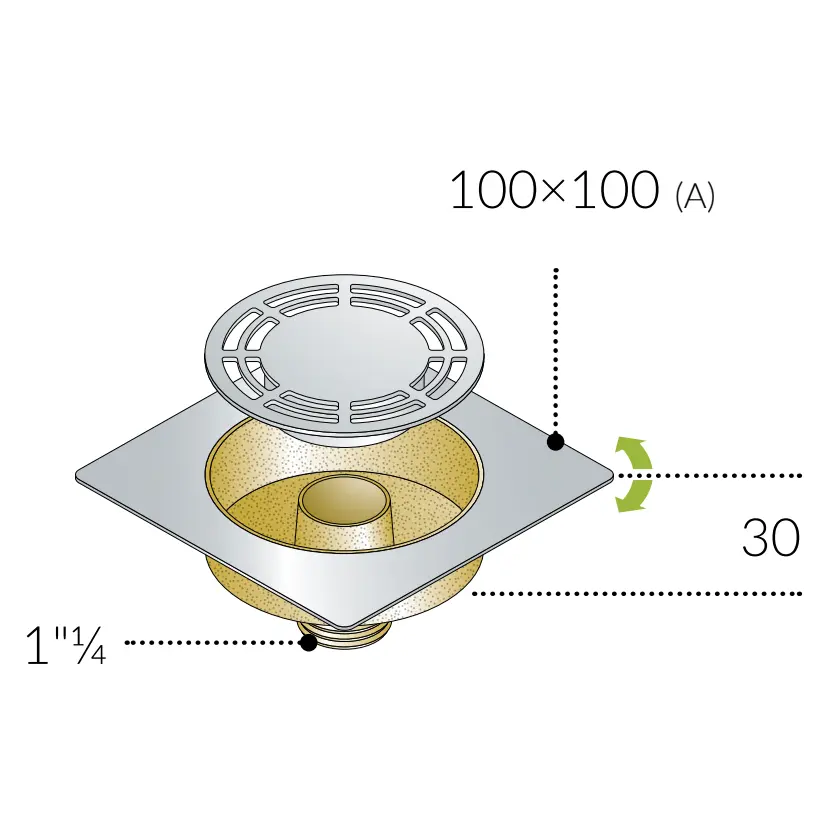 Piletta Sifonata a Pavimento in Ottone con Griglia in Ottone Cromato Uscita Verticale Filettata Ø1"1/4