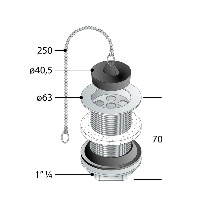 Piletta Universale Lavabo/Bidet Senza Troppo Pieno in Ottone Cromato con Tappo con Catena