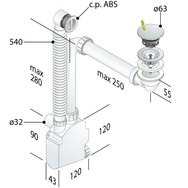 Sifone Salva Spazio in ABS per Lavabo con Piletta Clicker in Ottone Con Troppo Pieno