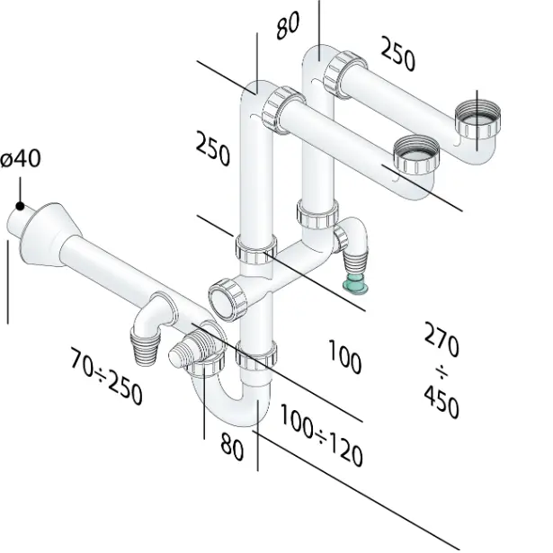 Sifone Salva Spazio per Lavello in PP a 2 Vie 2 Attacchi Lavatrice