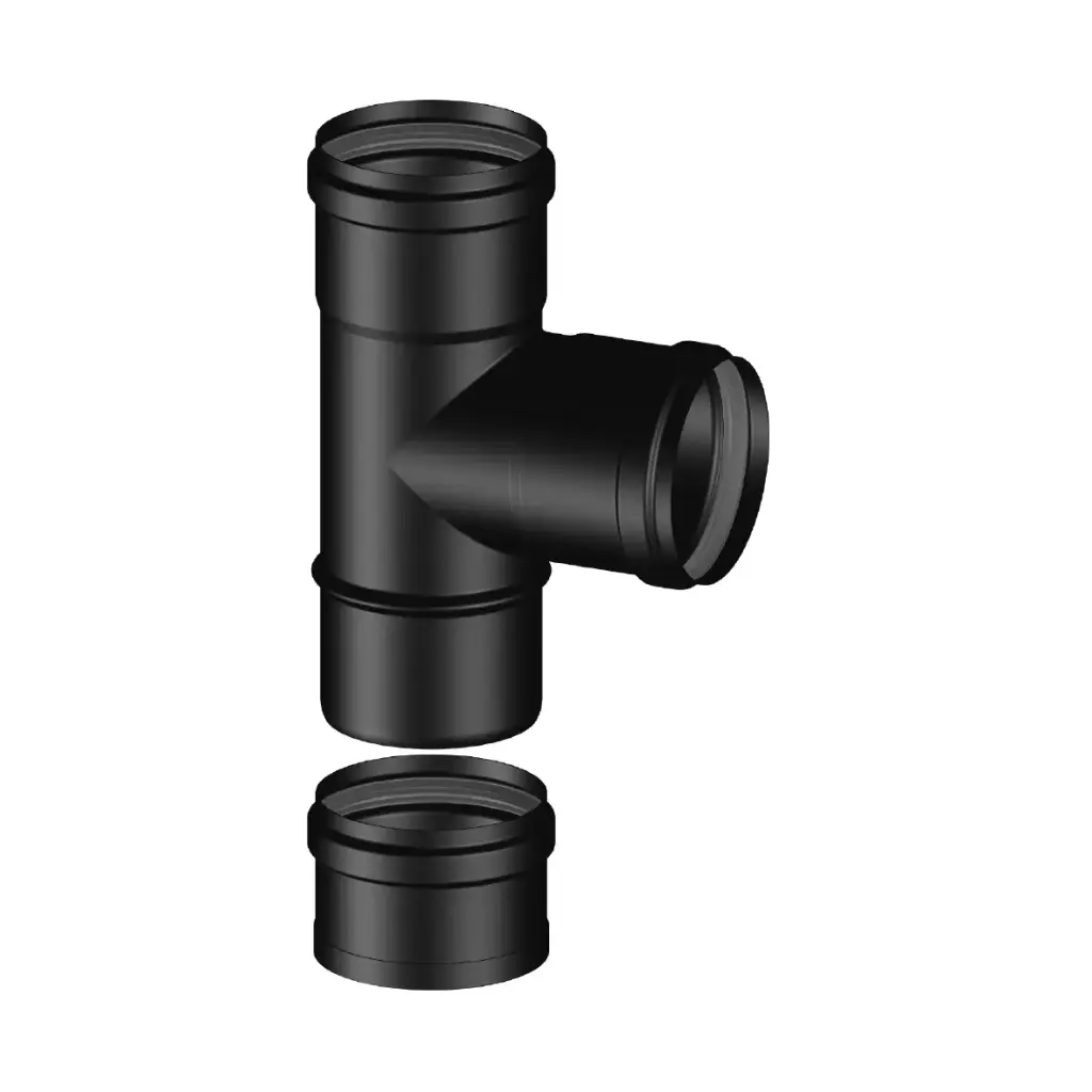 Tee Ø80 a 90° Con Tappo Cieco per Condensa Monoparete in Acciaio al Carbonio Smaltato Nero Opaco per Stufe a Pellet