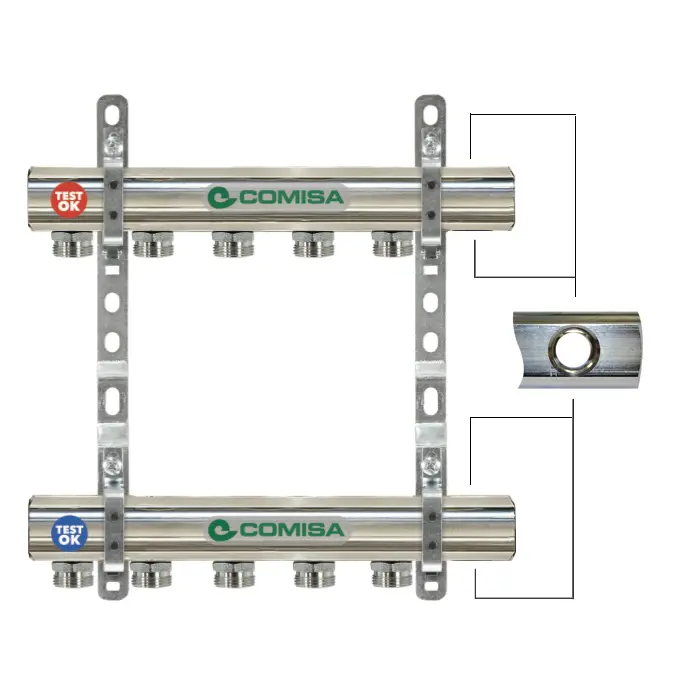 Collettore di Distribuzione Ø1"1/4 x 3/4"per Fan Coil Attacchi Eurocono + 2 Fori di Spurgo Interasse 50mm (2 Vie)